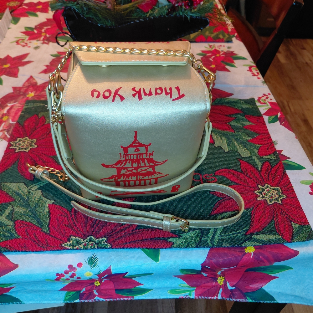 Gold Chinese Takeout Box Crossbody Bag with Red Print
